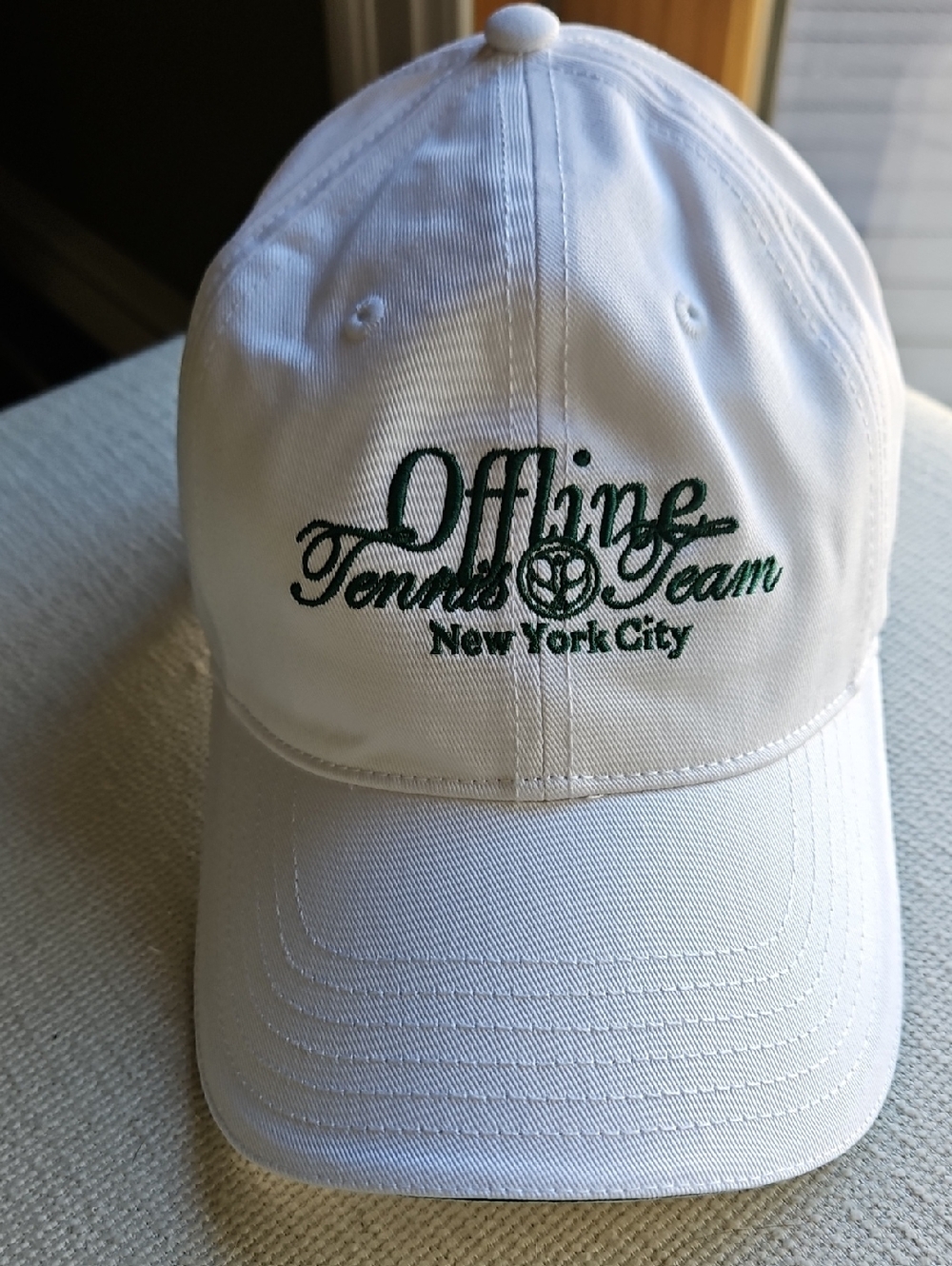 aerie White Baseball Cap with Green 'Offline Tennis Team' Embroidery